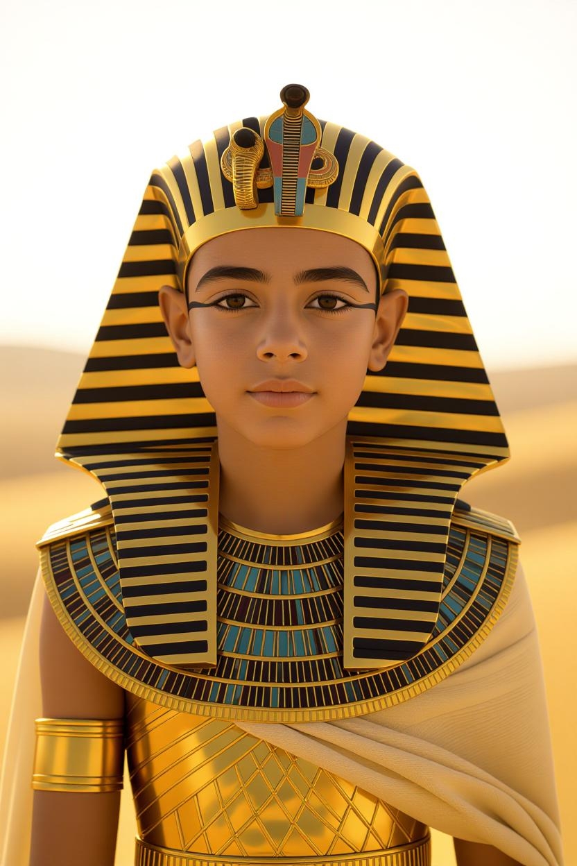 King Tut, the eternal ruler of Solana, in a golden nemes headdress and jeweled collar
